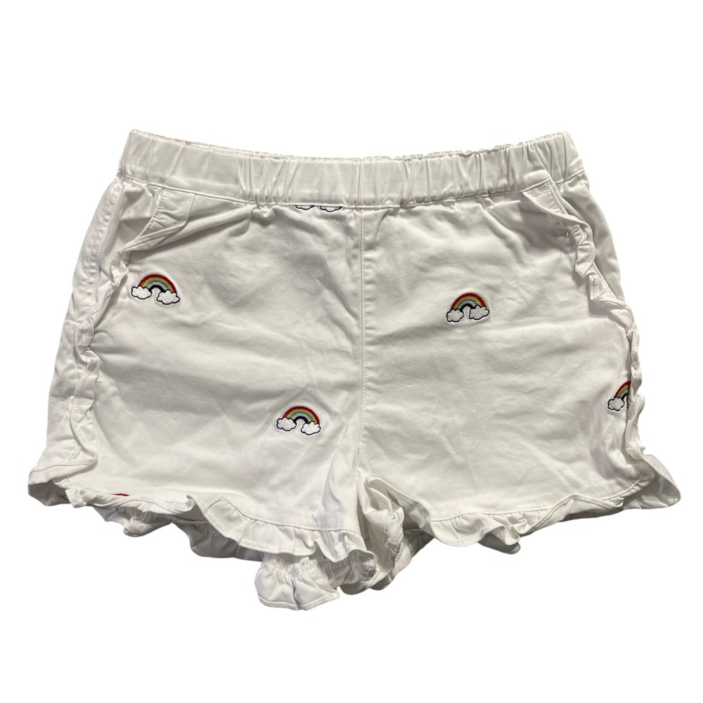Classic Prep Shorts Girls L White Rainbow Embroidered Ruffle Trim Whimsical